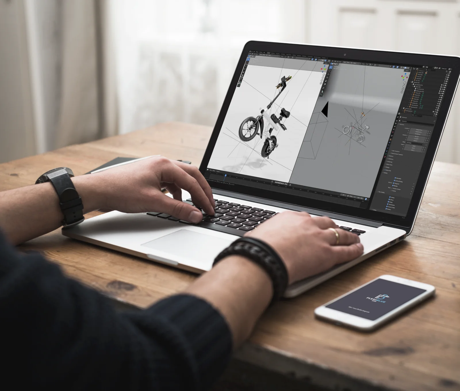 FlexiblueDesignの制作風景 — Blenderで電動バイクの3Dモデルを制作する様子
